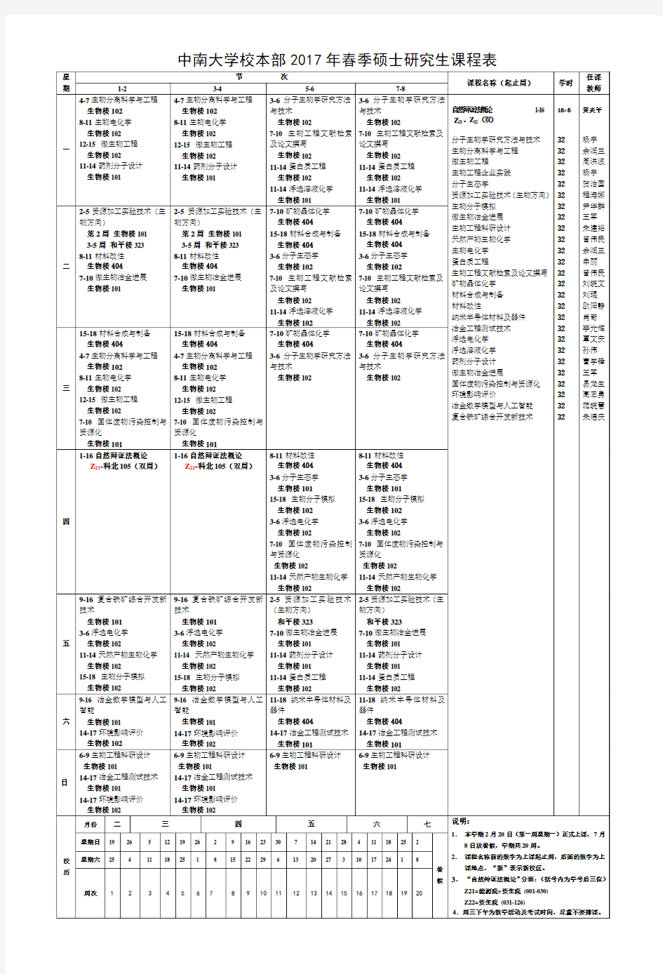 中南大学校本部2017年春季硕士研究生课程表