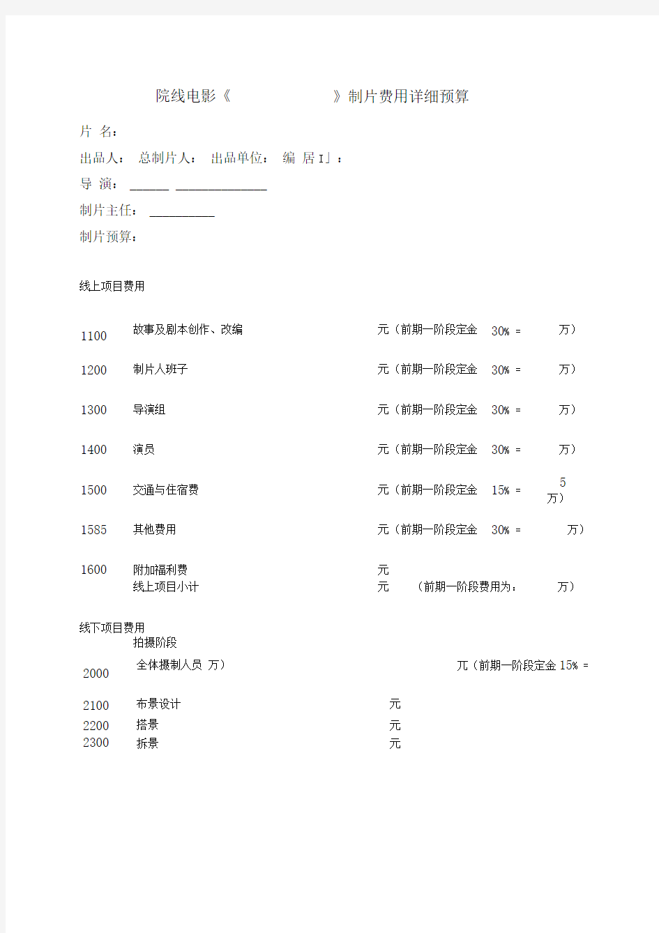 《+》制片费用预算表