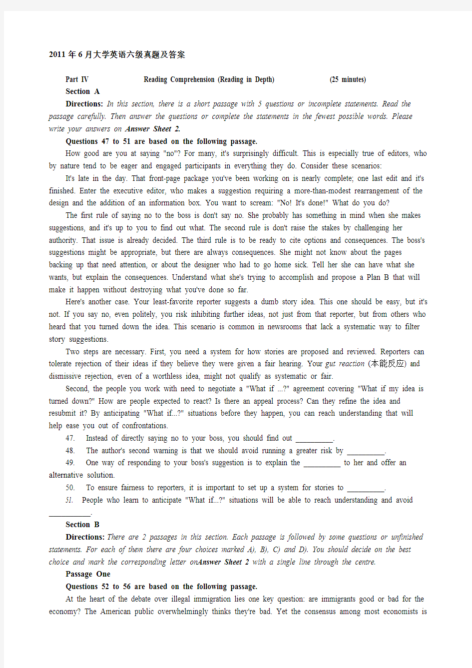 年6月大学英语六级阅读考试真题及答案_完美打印版(最新整理)