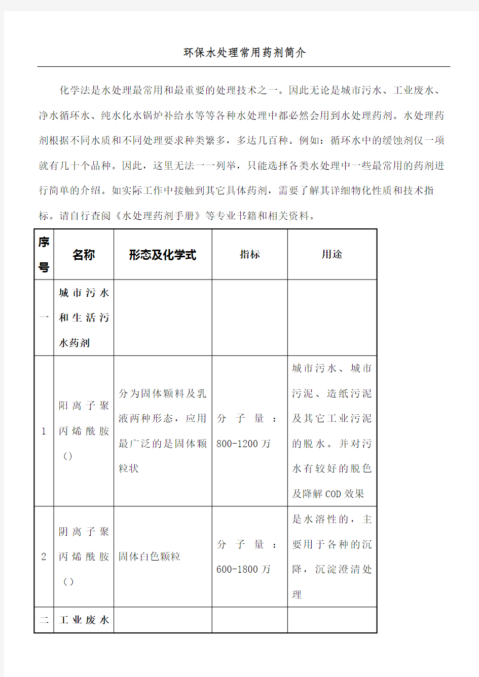 环保水处理常用药剂简介