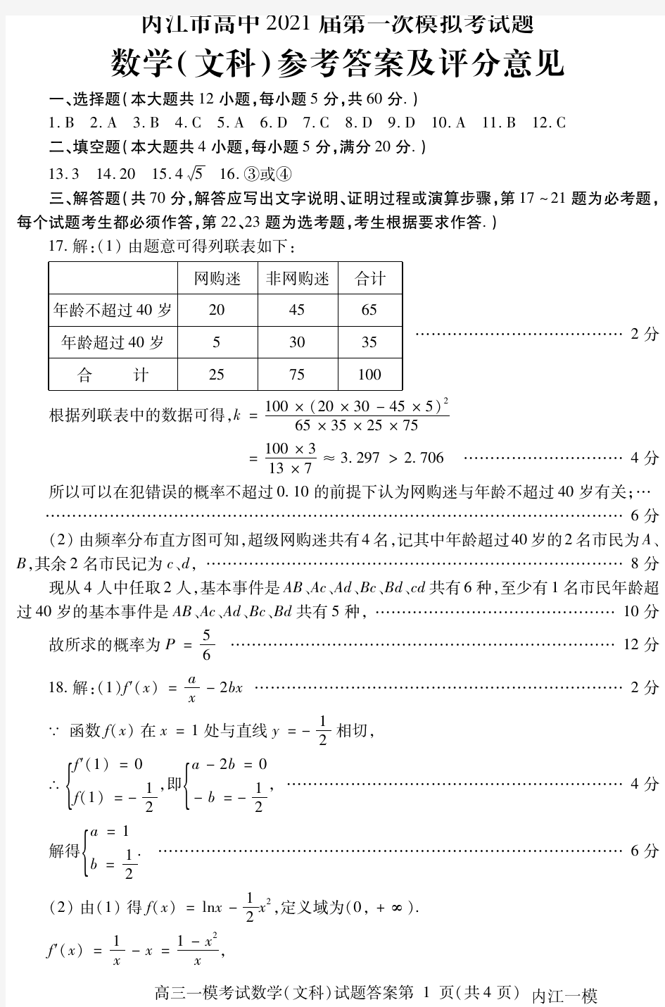 2020年12月23日四川省内江市高中2021届第一次模拟考试题文科数学试题参考答案内江一模