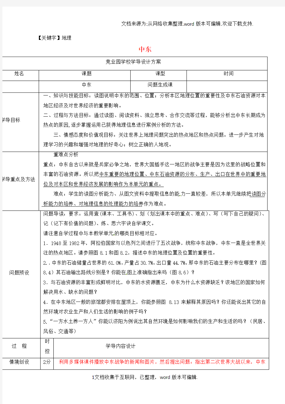 济阳县竞业园学校七年级地理下册8-1中东导学案1新版新人教版