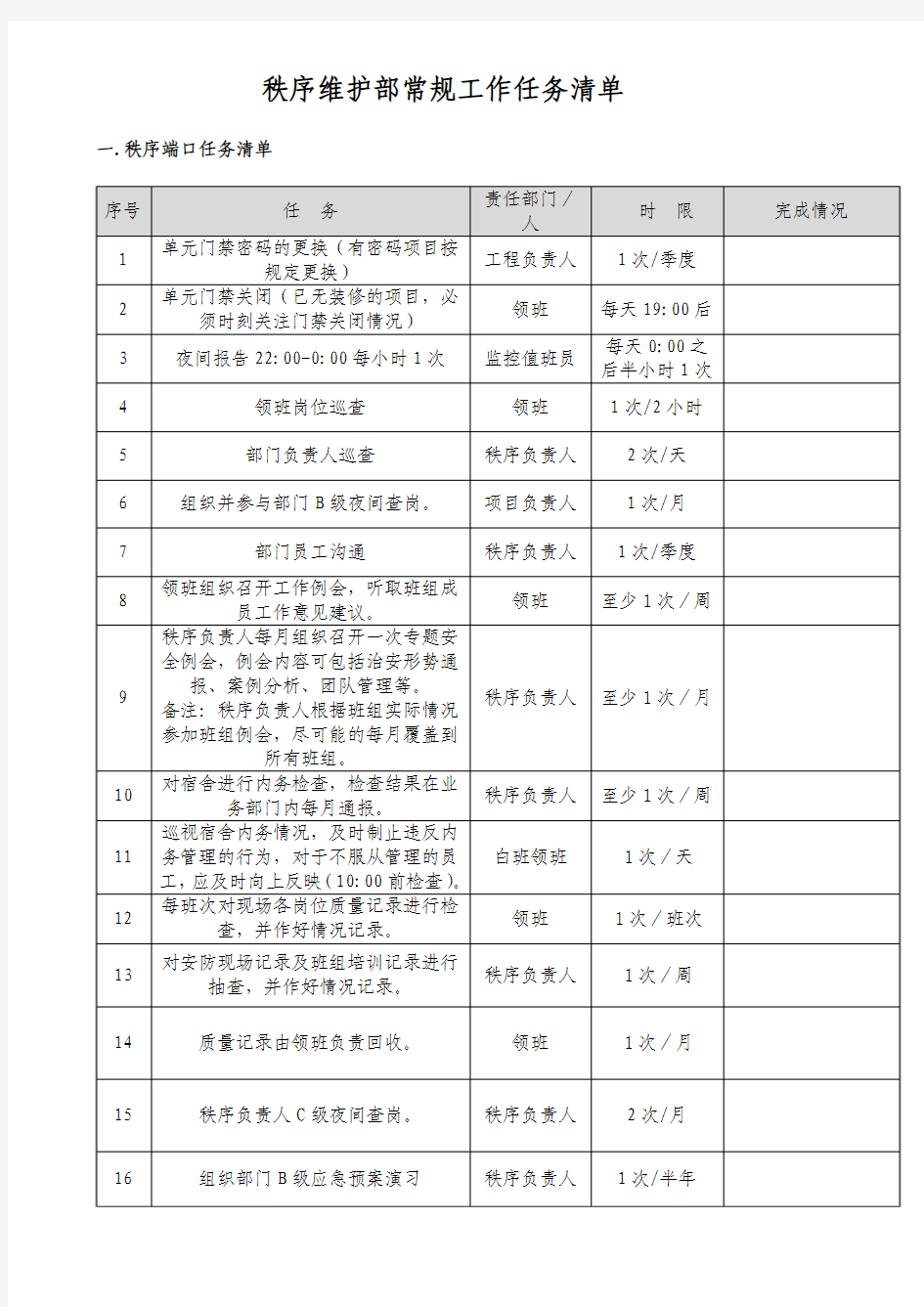 秩序维护部常规工作任务清单