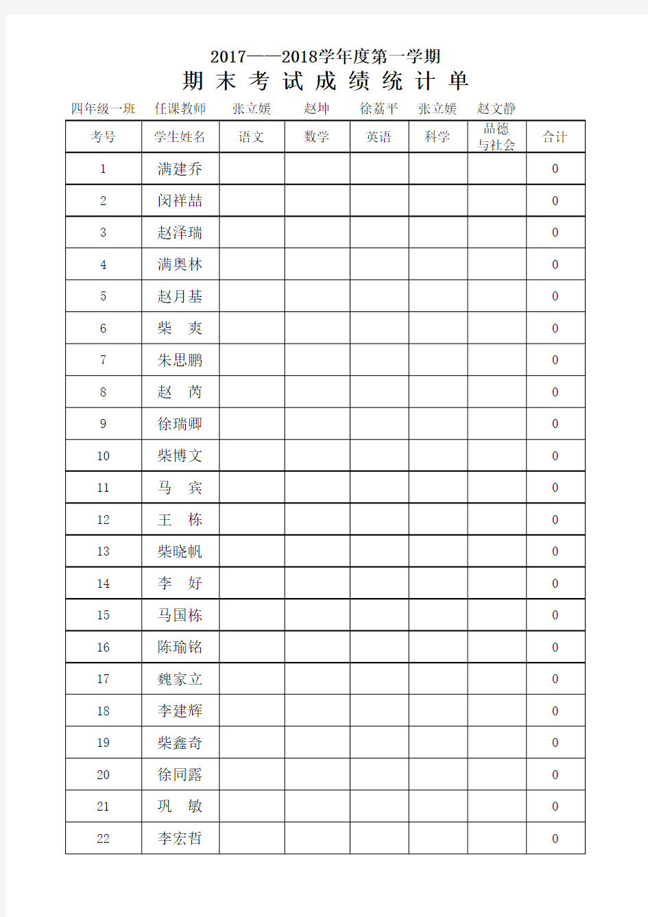 柴里四年级一班成绩花单