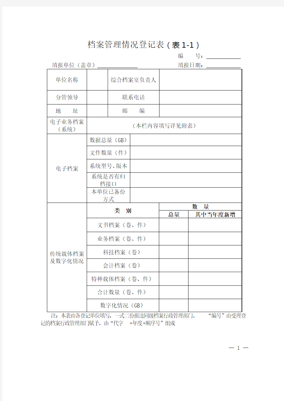 档案管理情况登记表(表1-1)