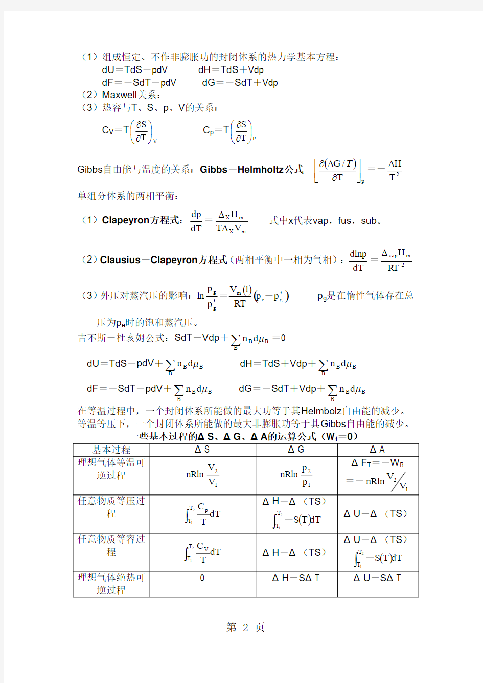 大学物理化学公式集[整理版]9页word文档