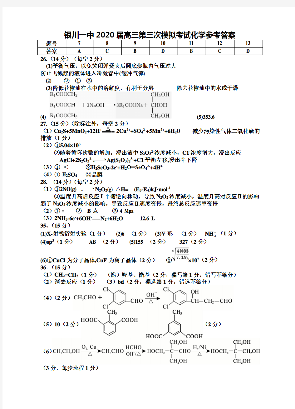 银川一中2020年高三第三次模拟化学试卷答案