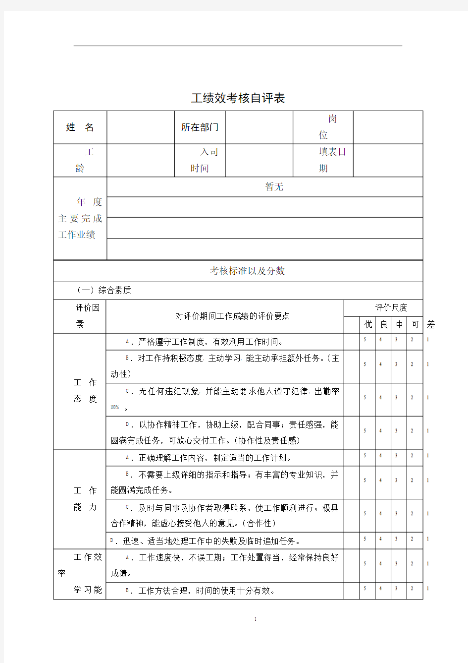 员工绩效考核自评表