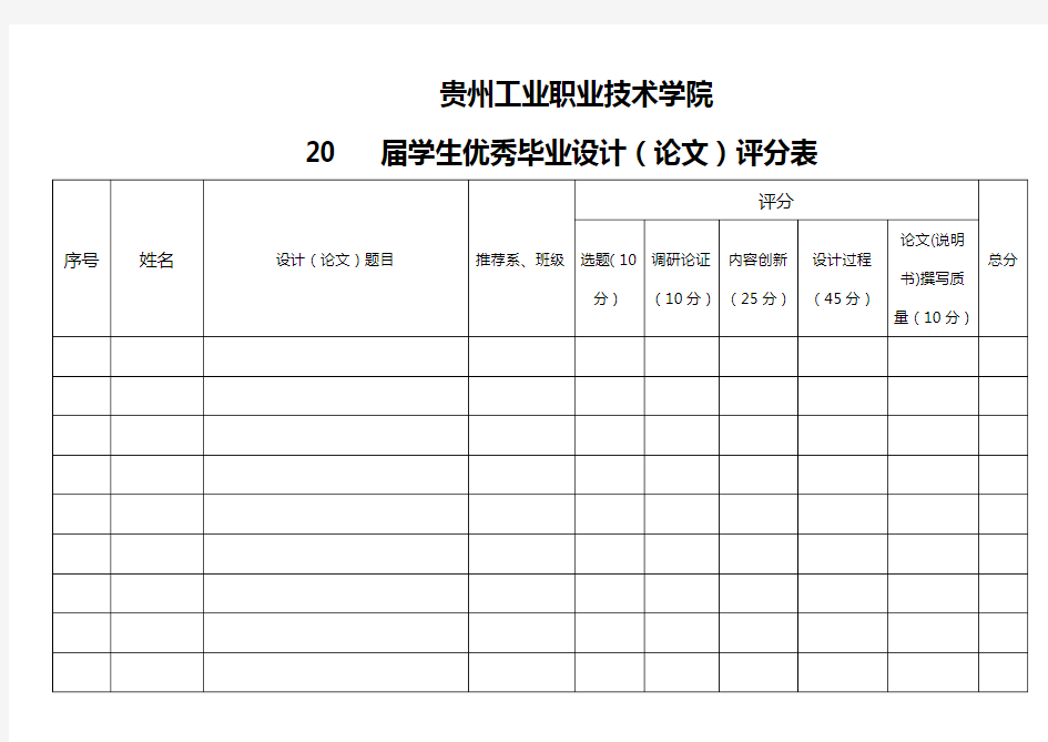 学生优秀毕业设计(论文)评分表