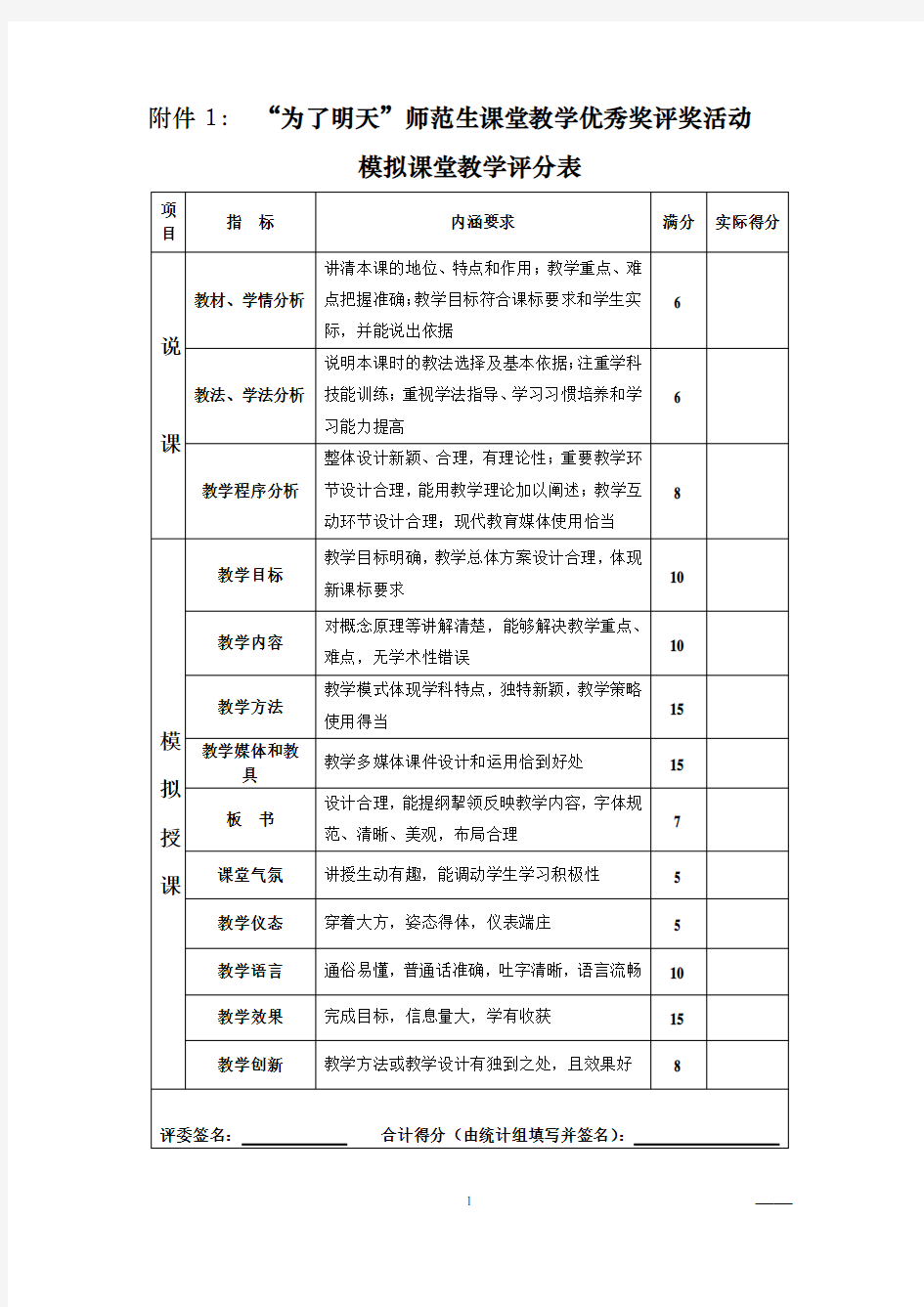 师范生教学技能大赛评分标准