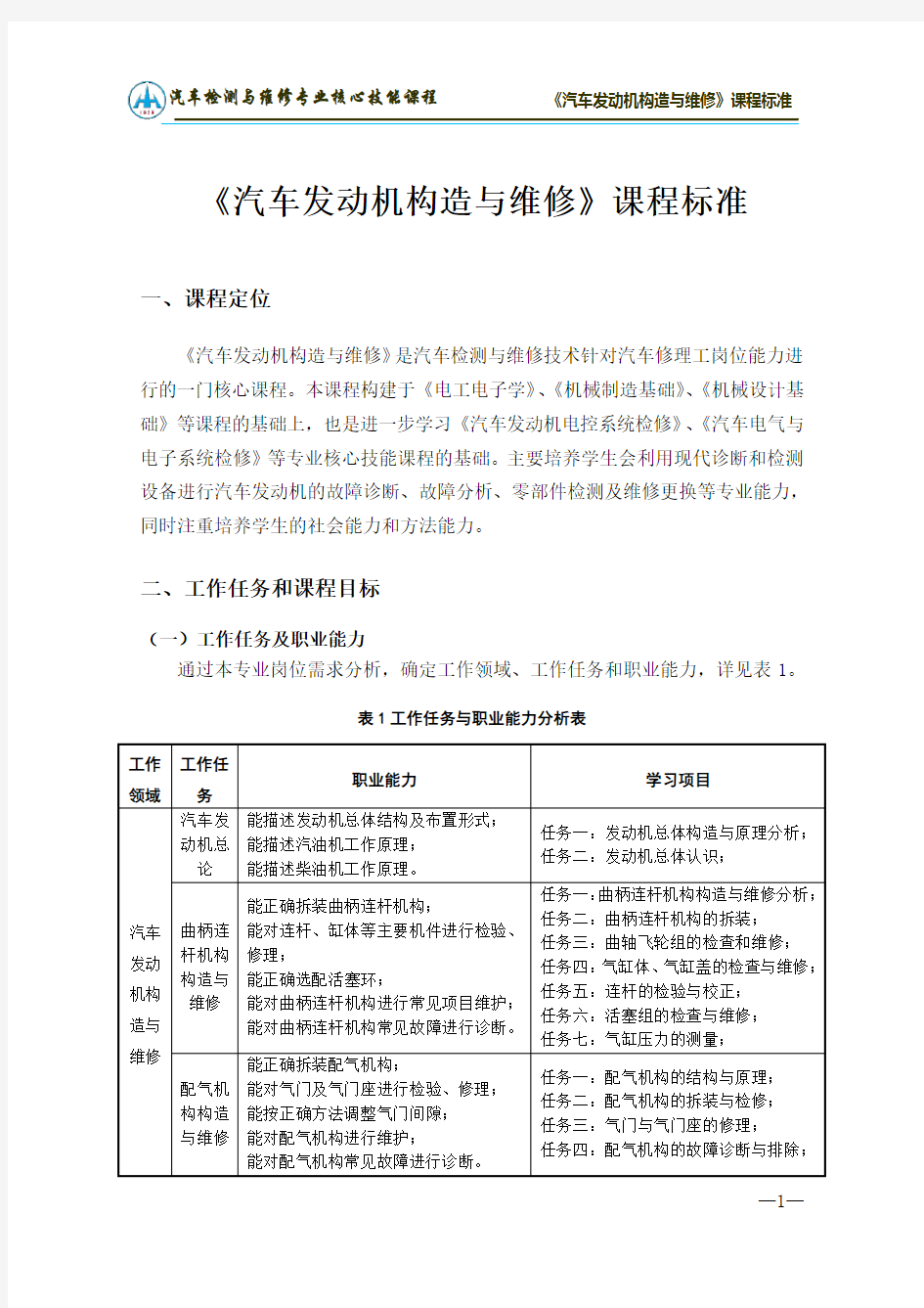 汽车发动机构造与维修课程标准汇总