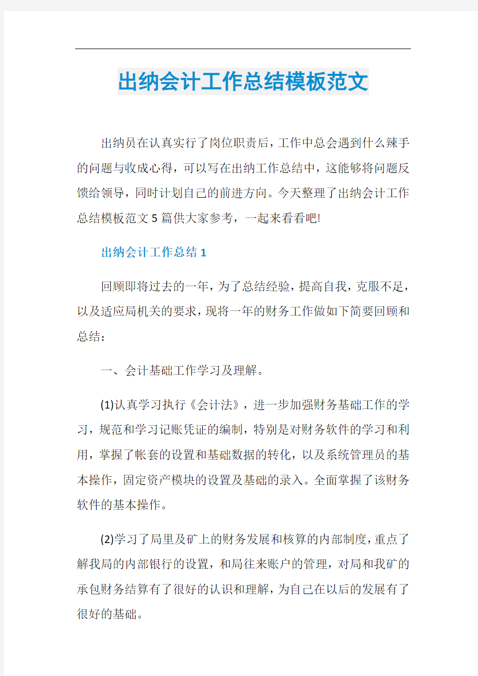 出纳会计工作总结模板范文