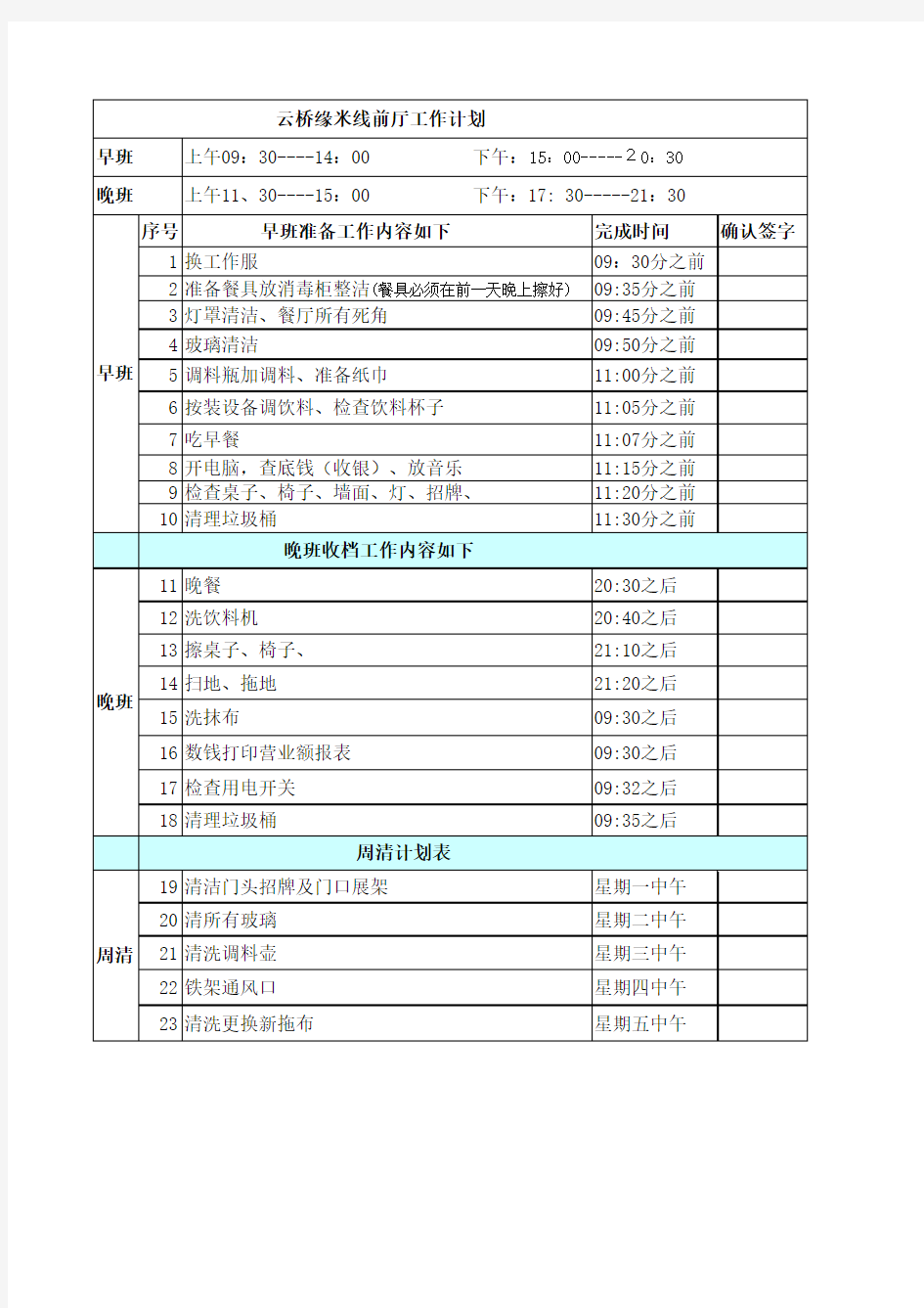 前厅日清周清计划表