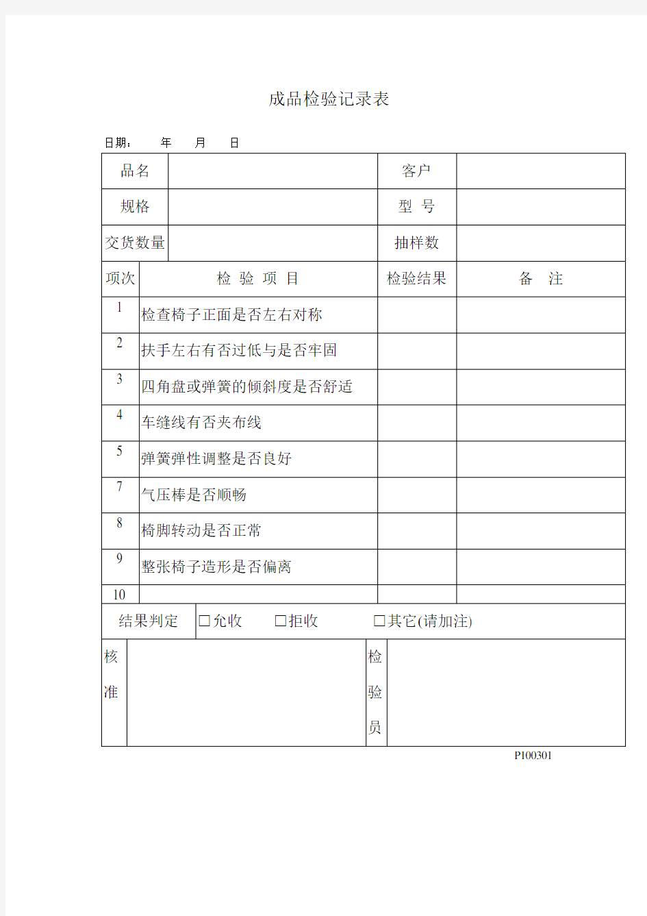 品质检验表格 成品检验记录