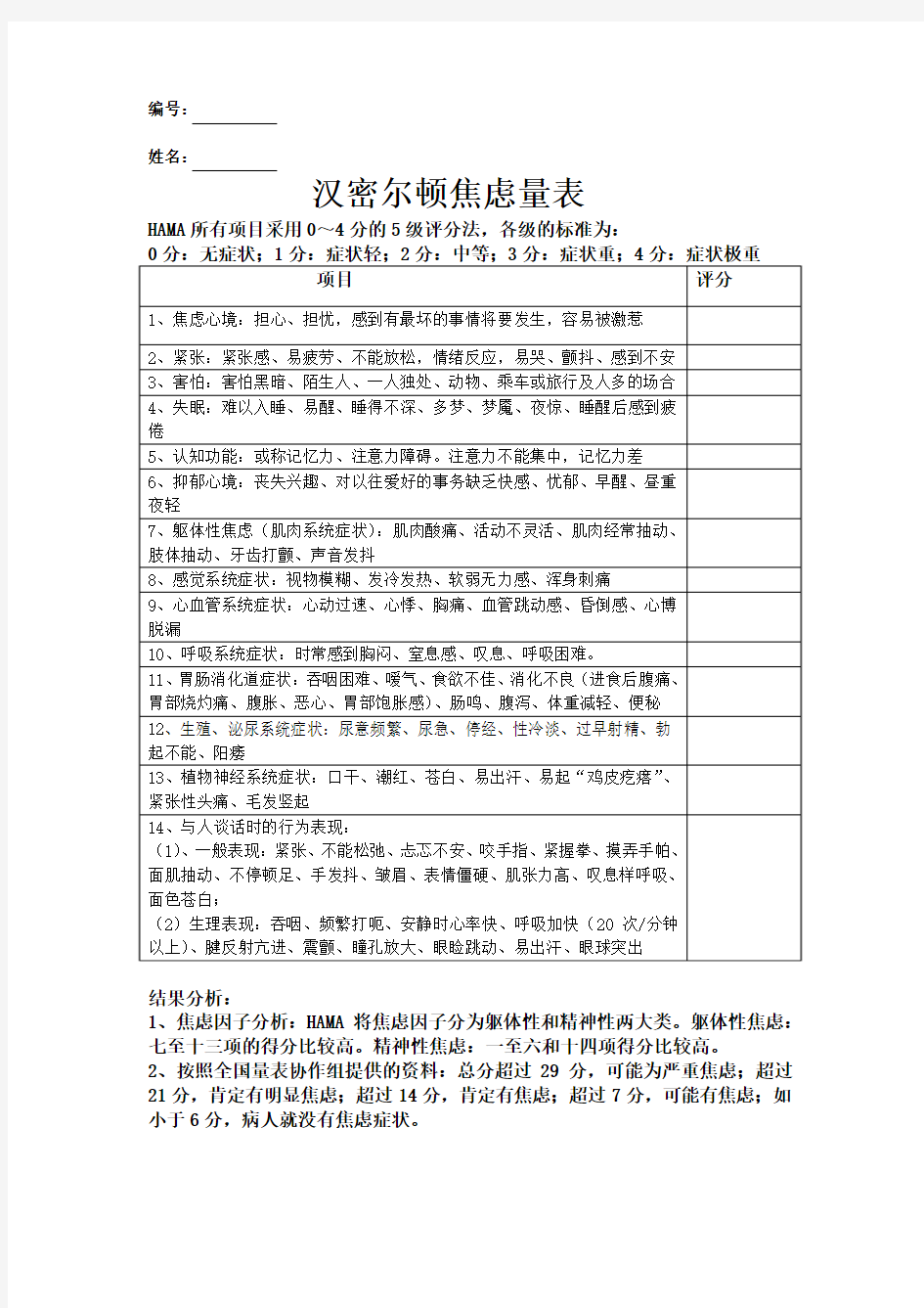 汉密尔顿焦虑量表