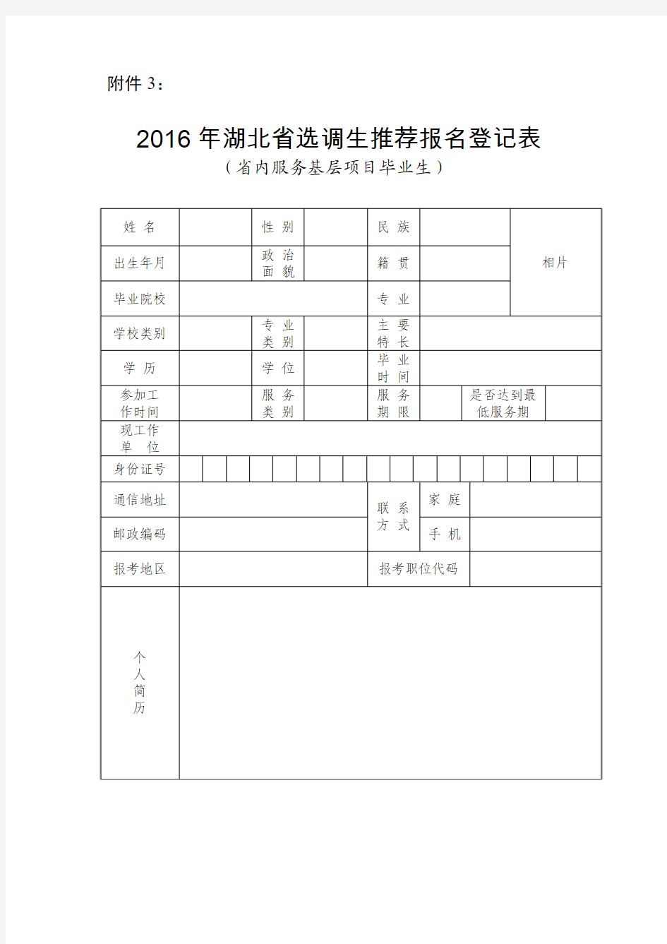 2016年湖北省选调生推荐报名登记表(省内服务基层项目毕业生)