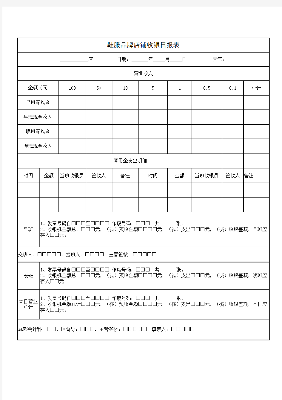 鞋服品牌店铺收银日报表