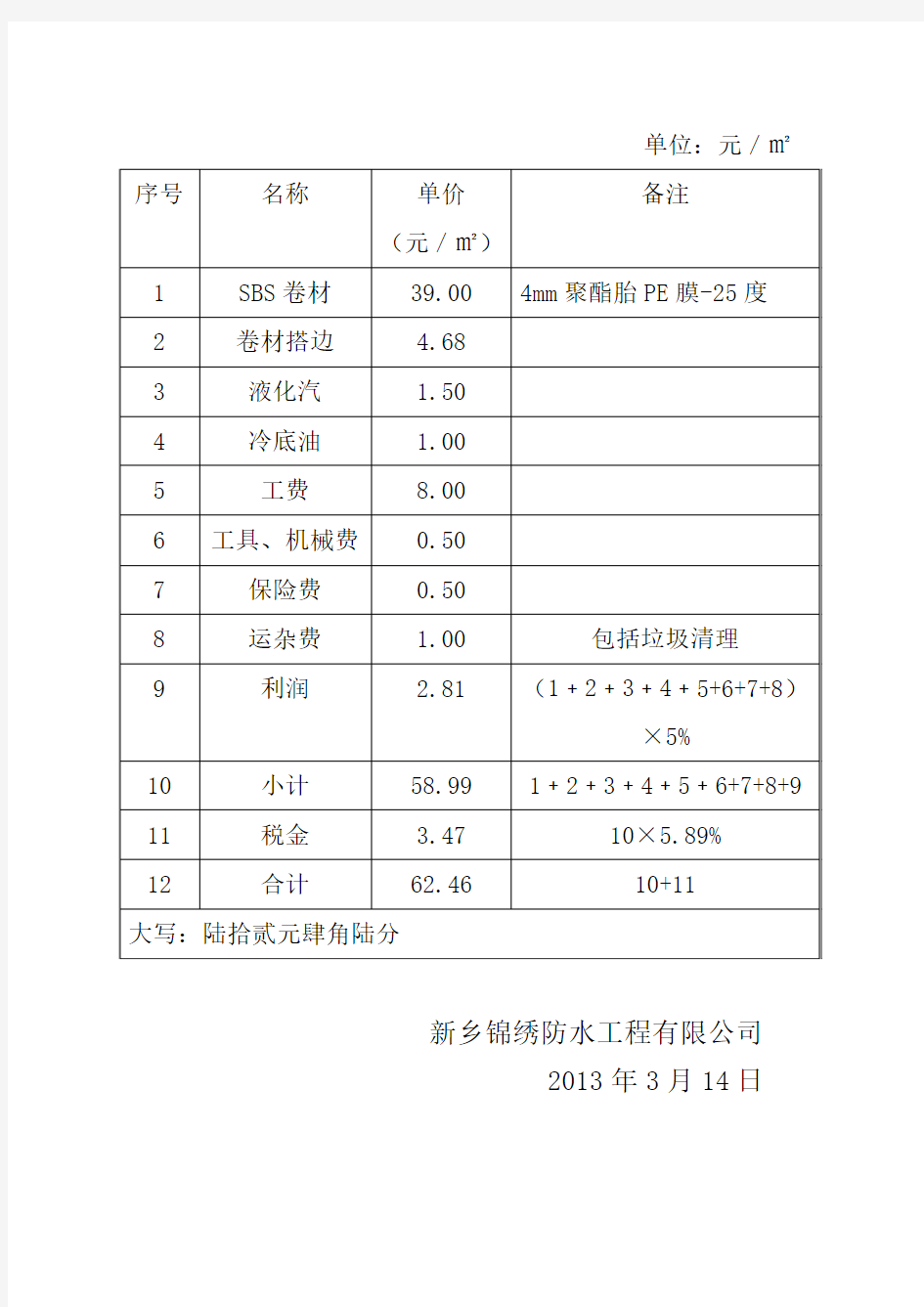 SBS改性沥青防水卷材造价表报价单