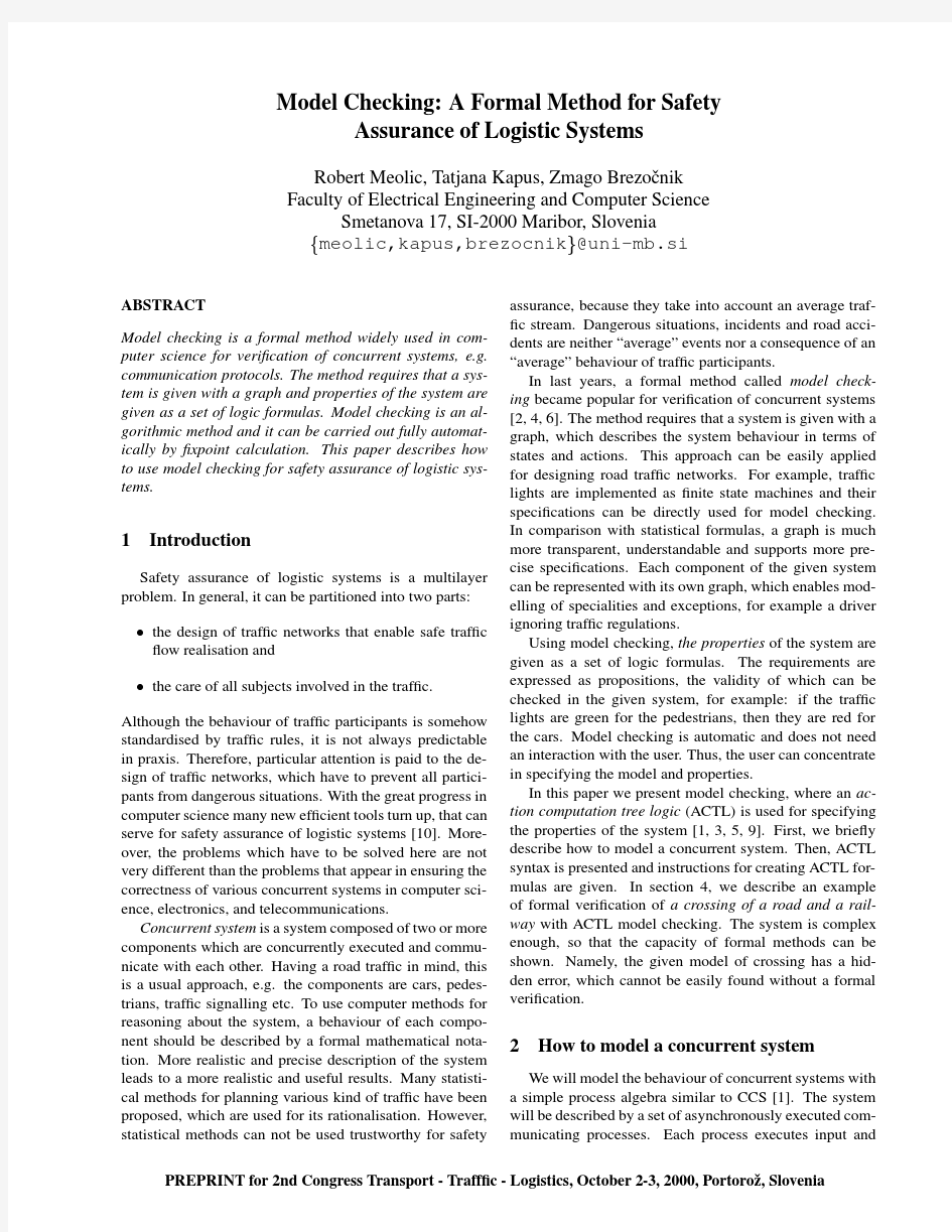 Model checking A formal method for safety assurance of logistic systems