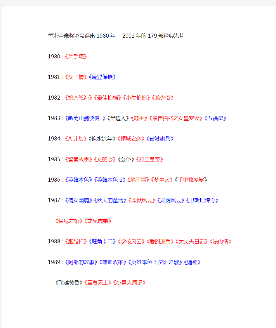 香港金像奖协会评出1980年--2002年的179部经典港片