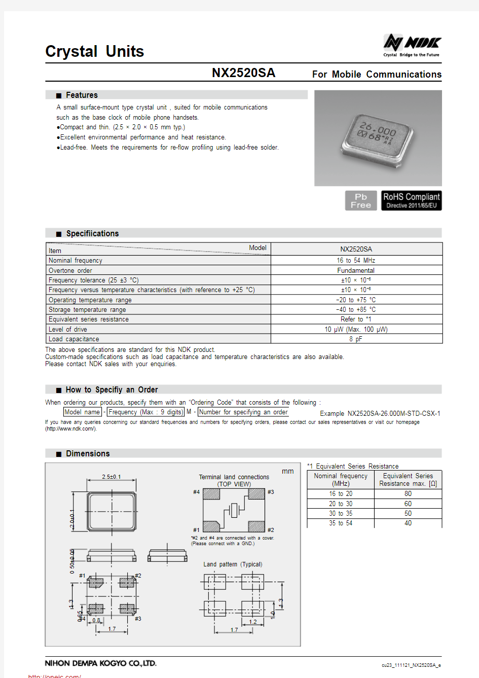 NX2520SA-26MHZ-STD-CSX-1;中文规格书,Datasheet资料