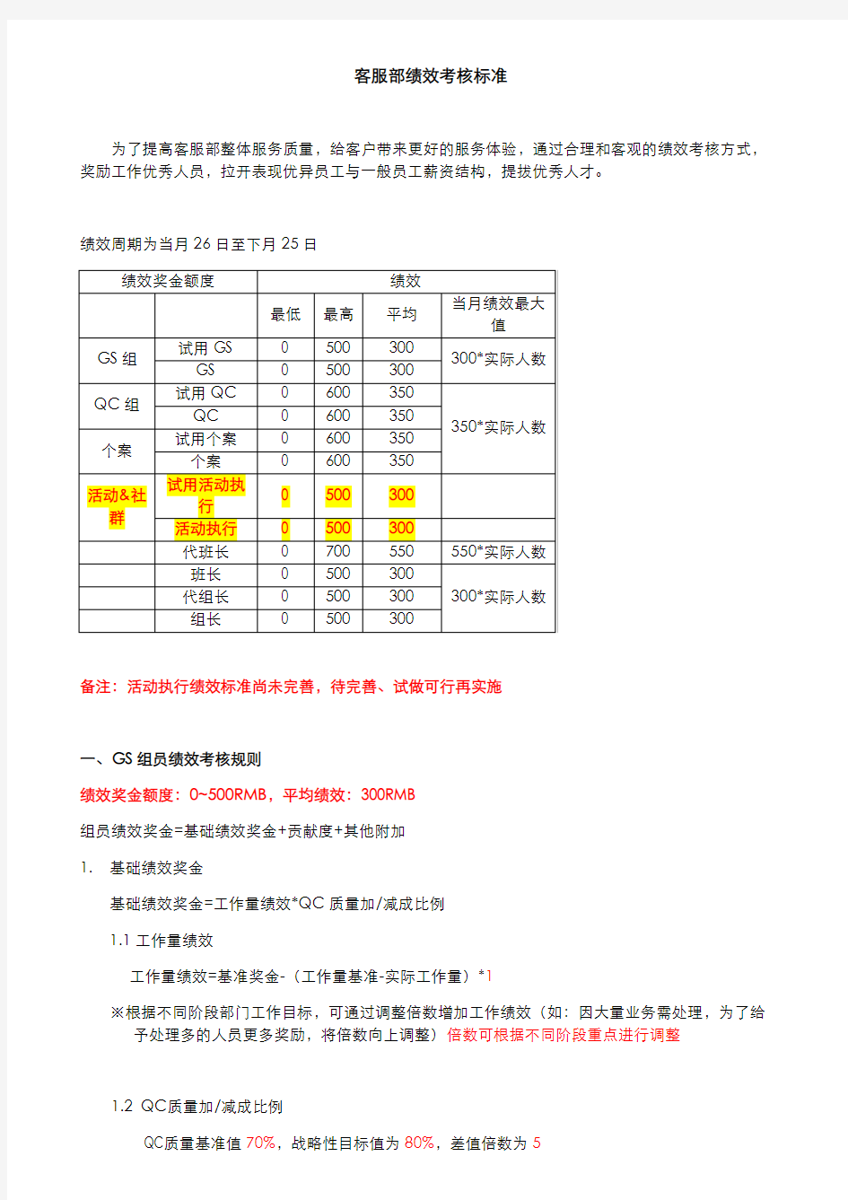 客服部绩效考核标准(1.3)