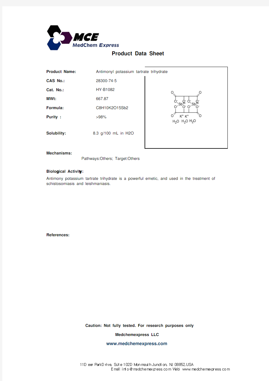 Antimonyl potassium tartrate trihydrate_28300-74-5_DataSheet_MedChemExpress