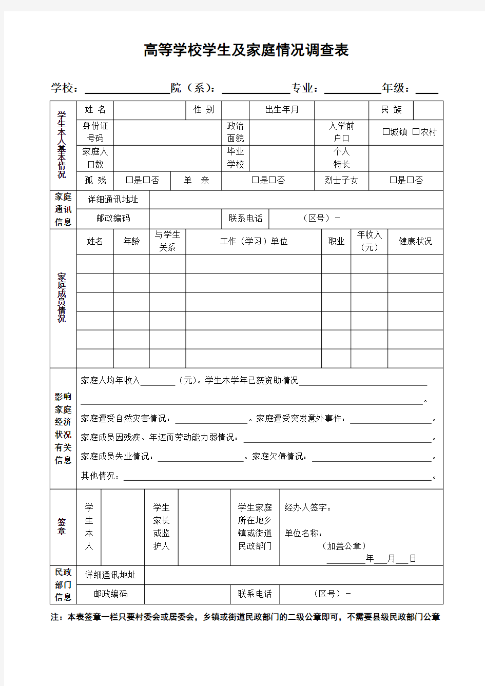 贫困生家庭情况调查表格