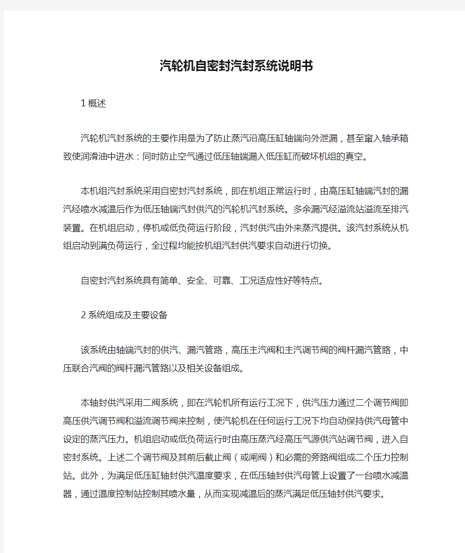 汽轮机自密封汽封系统说明书