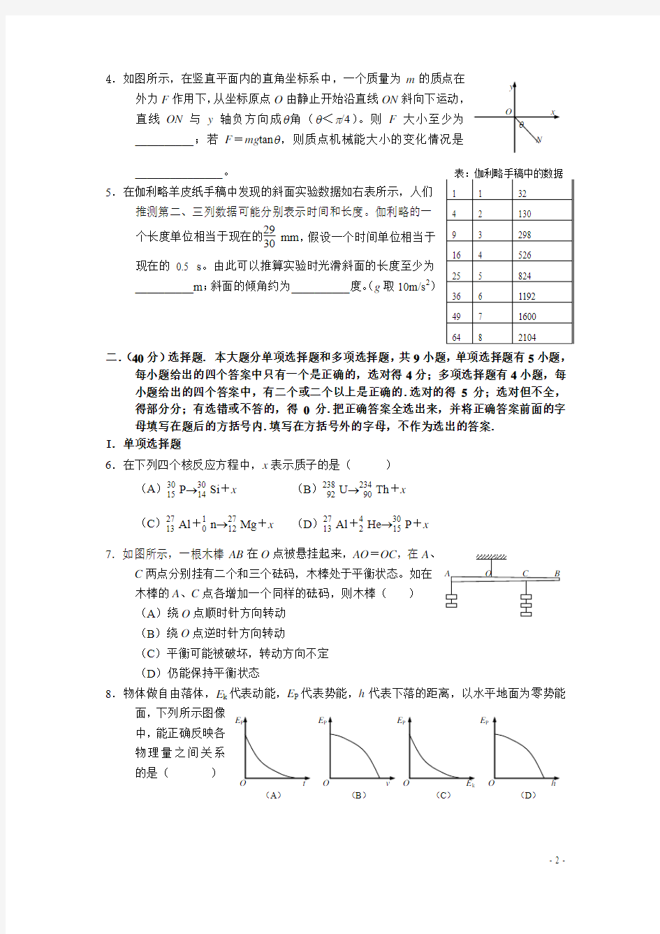 2008上海物理高考题(含答案)(Word版)