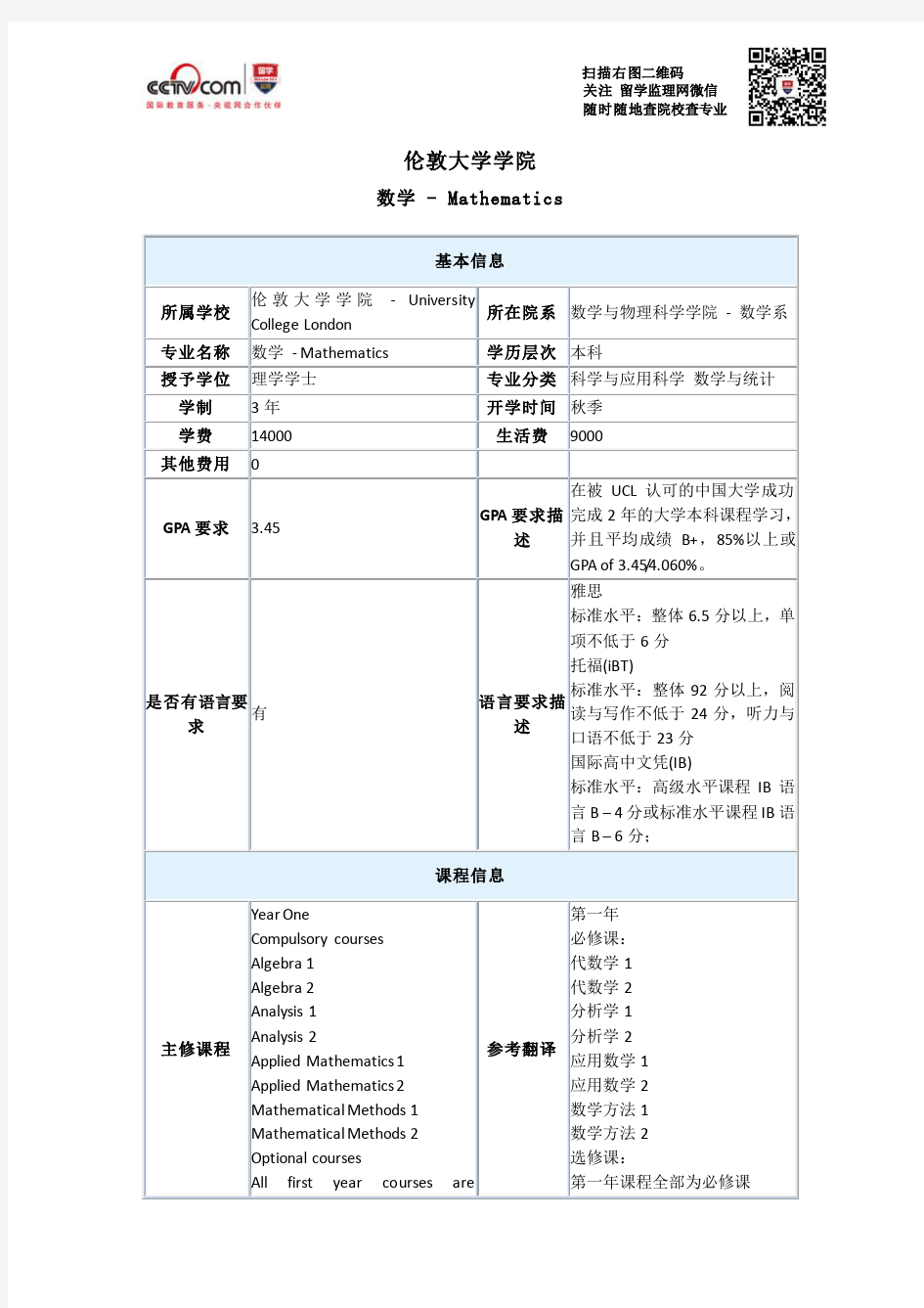 伦敦大学学院数学本科