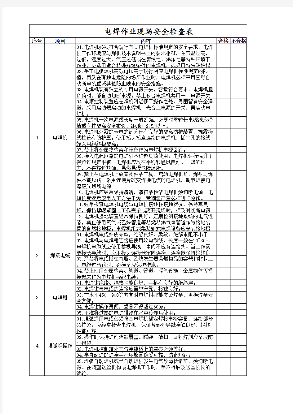 电焊作业现场安全检查表