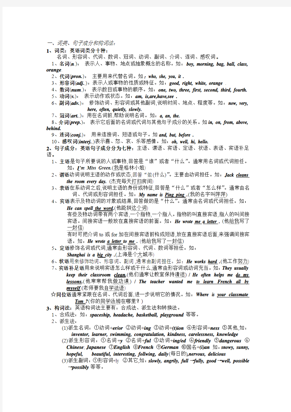 词类、句子成分和构词法