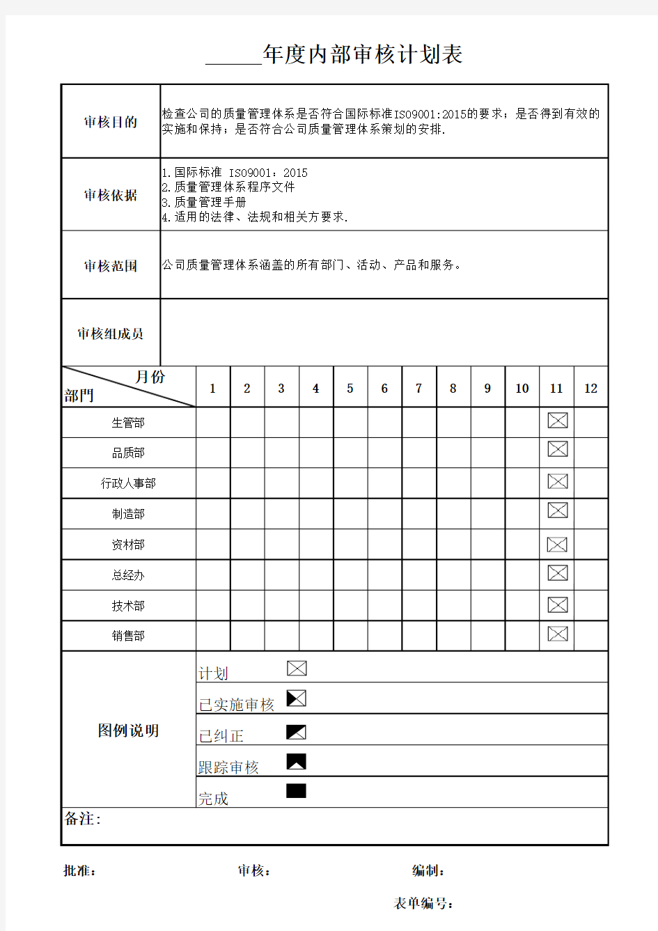 2016年度内部审核计划表