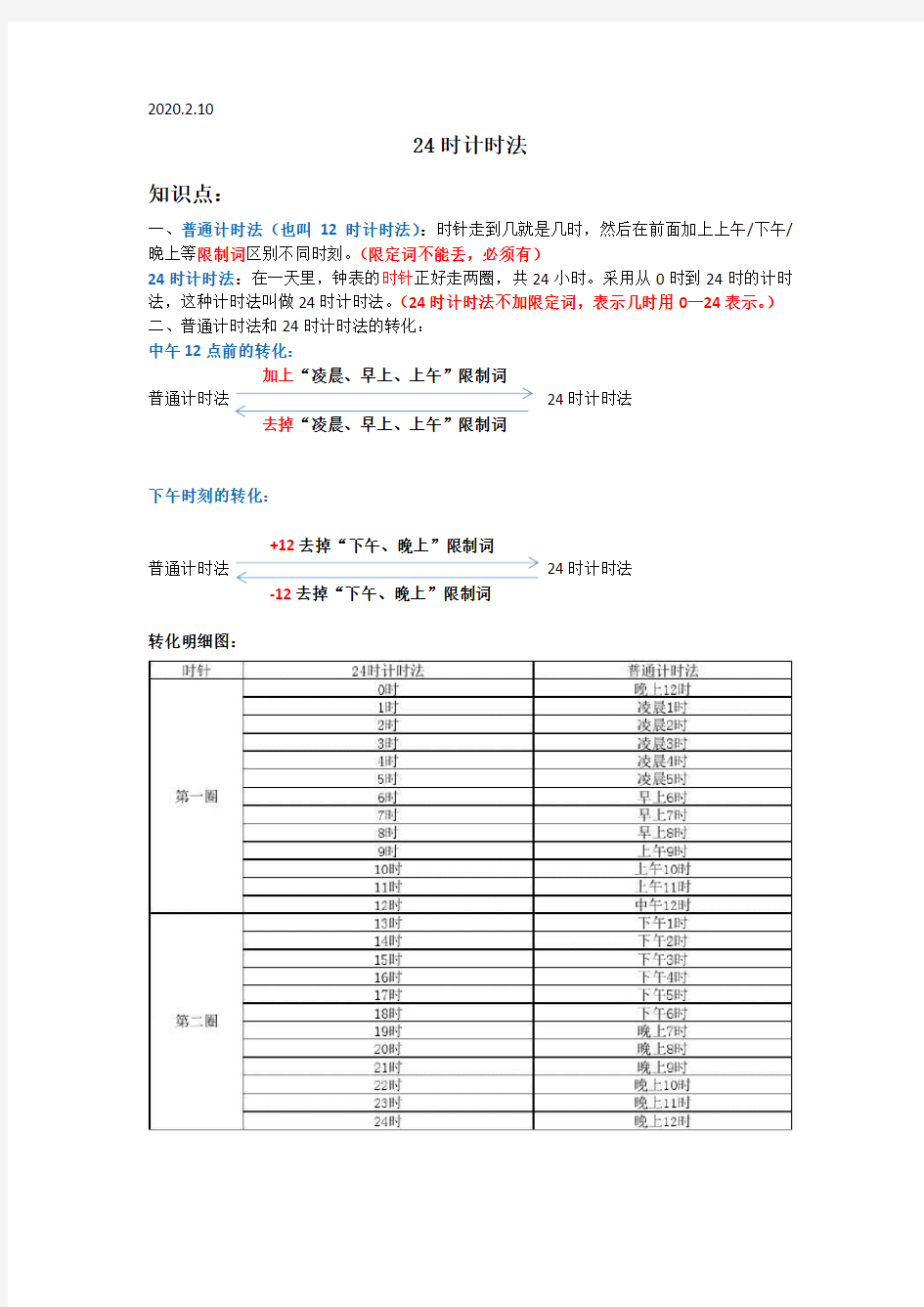 1.1 24时计时法知识点学习