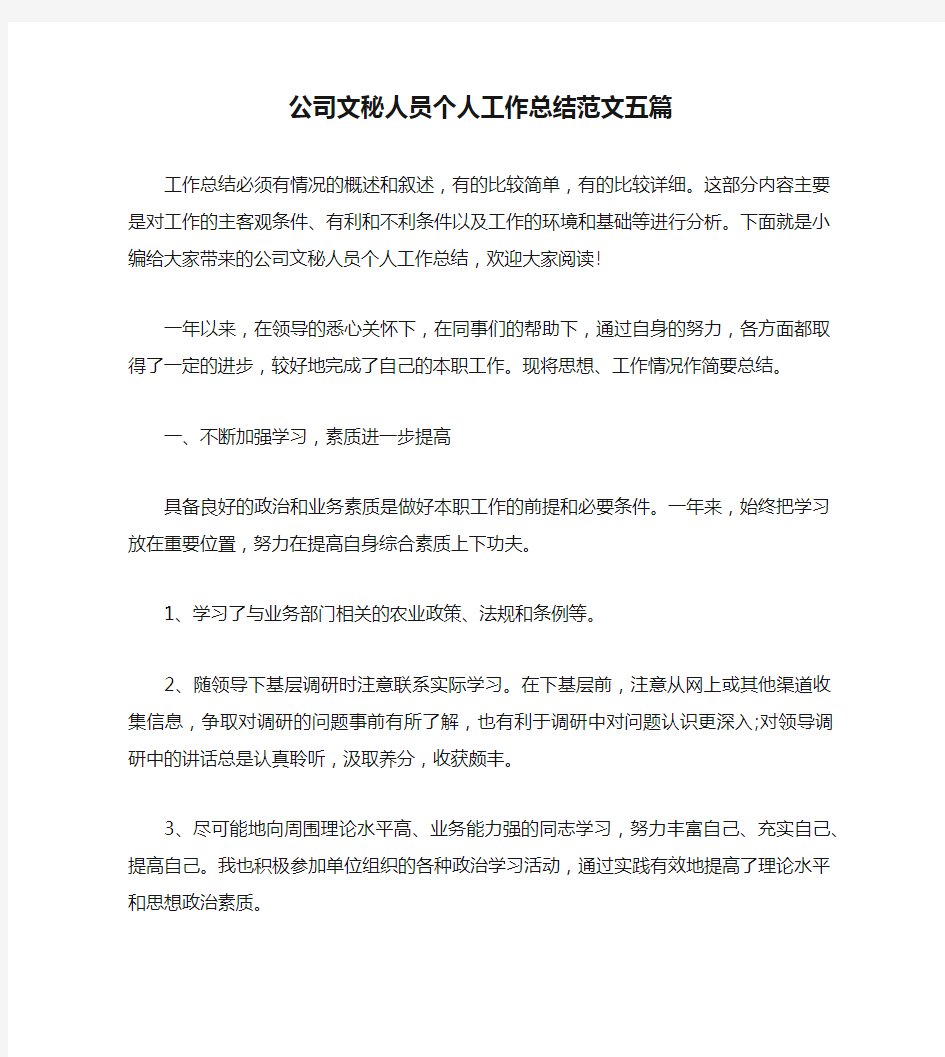 公司文秘人员个人工作总结范文五篇