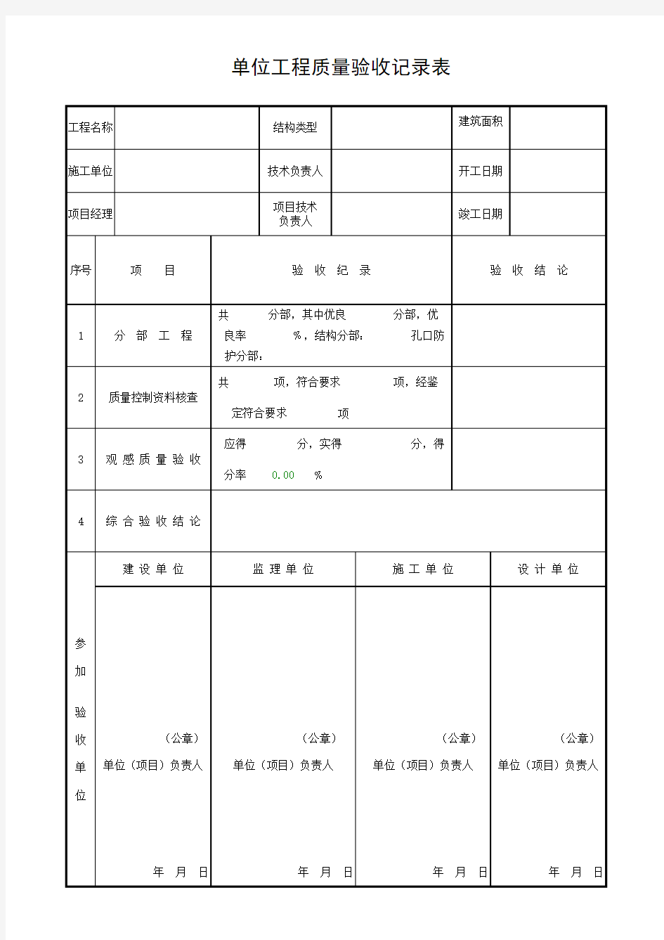 人防表格：单位工程质量验收记录表