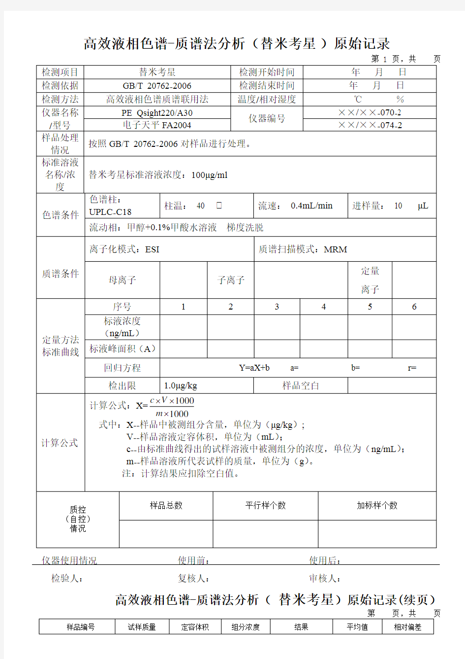 高效液相色谱-质谱法分析(替米考星 )原始记录