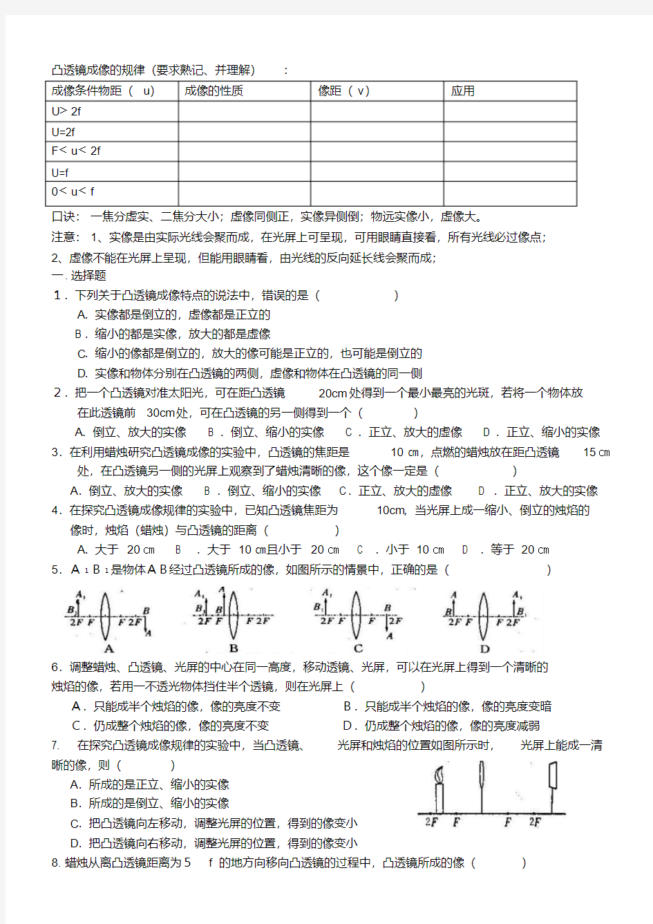 凸透镜成像规律练习题整理