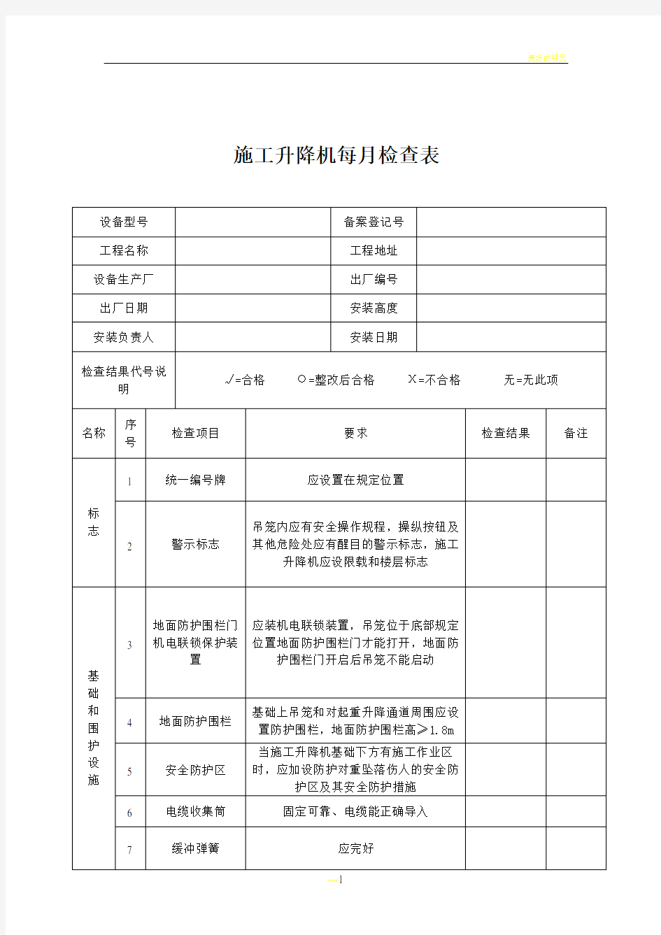 施工电梯月周检查记录表