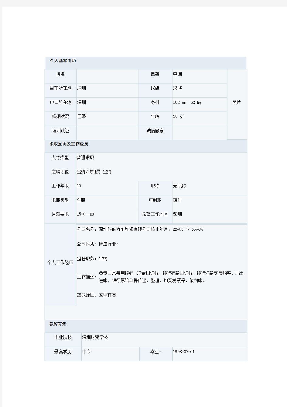 收银员个人简历 