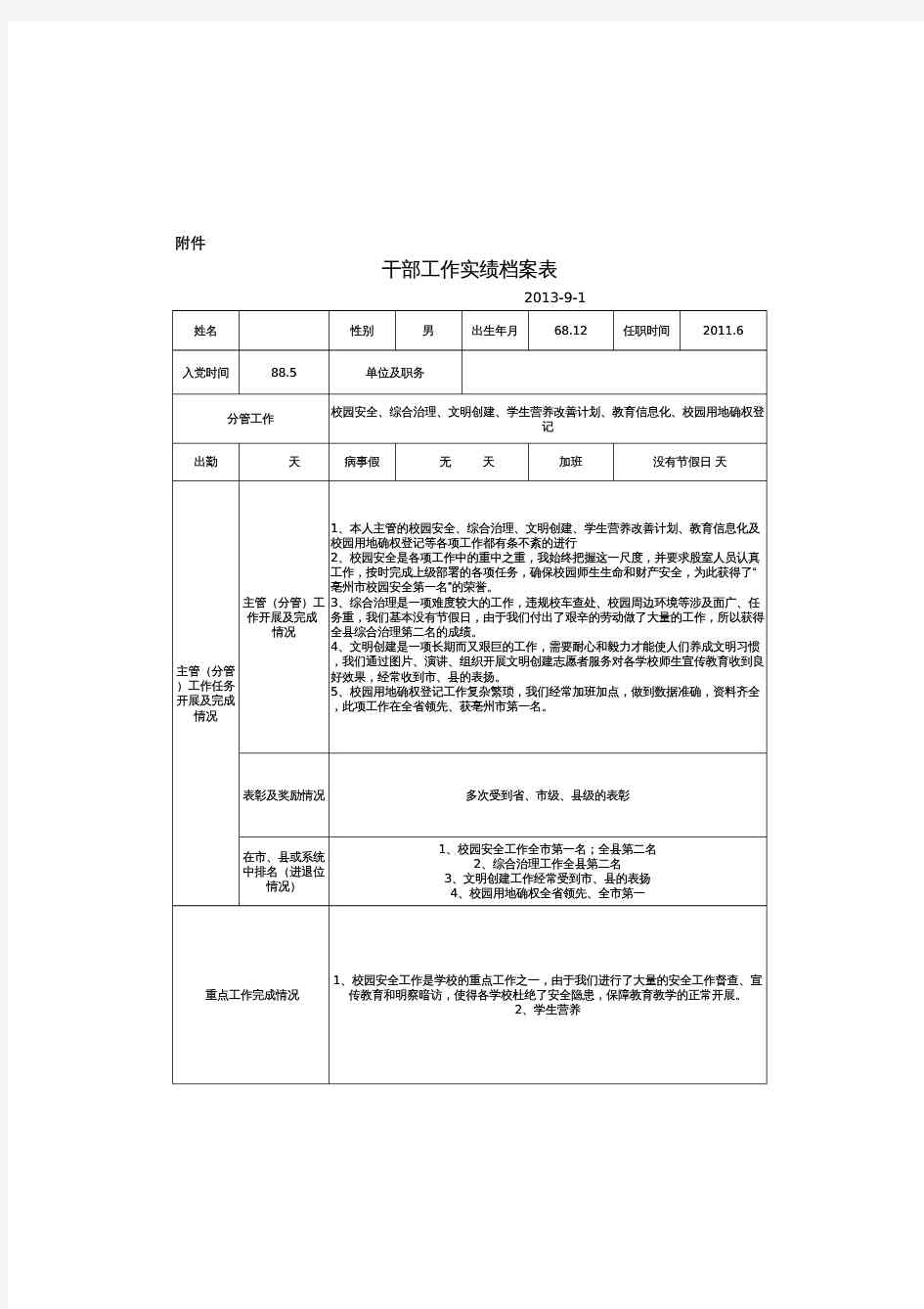 干部工作实绩档案表