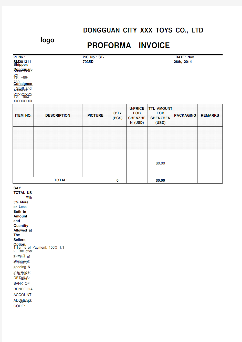 形式发票模板 Proforma Invoice-形式发票模板