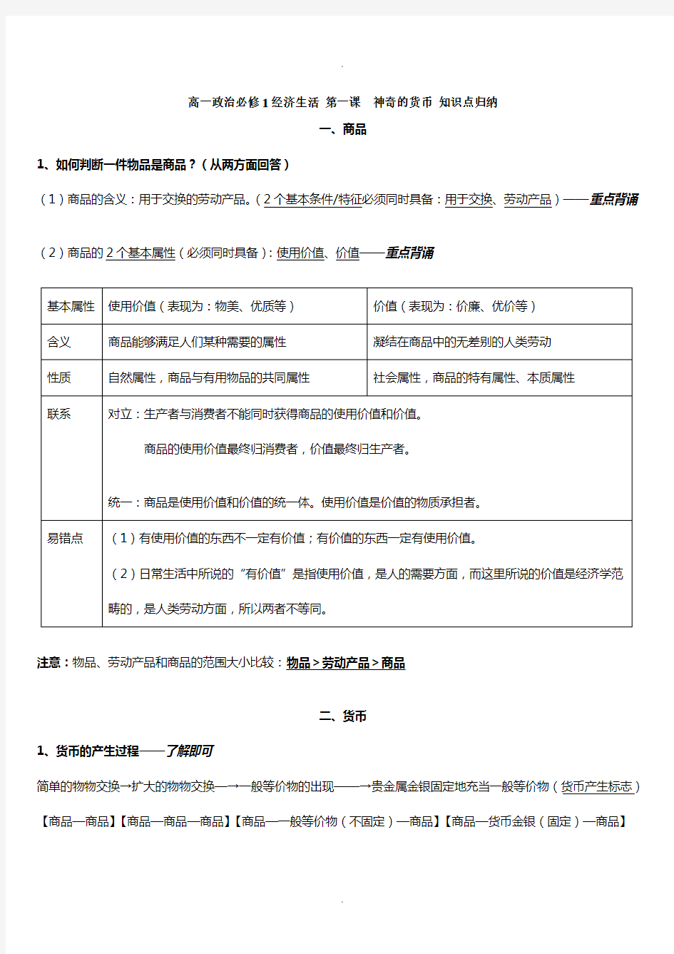 高一政治必修1经济生活-第一课--神奇的货币-知识点归纳小结