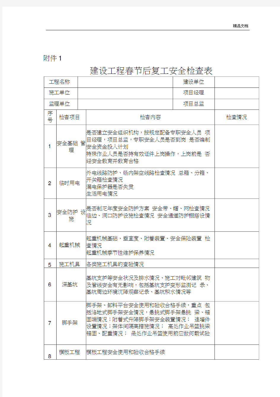 建设工程春节后复工安全检查表