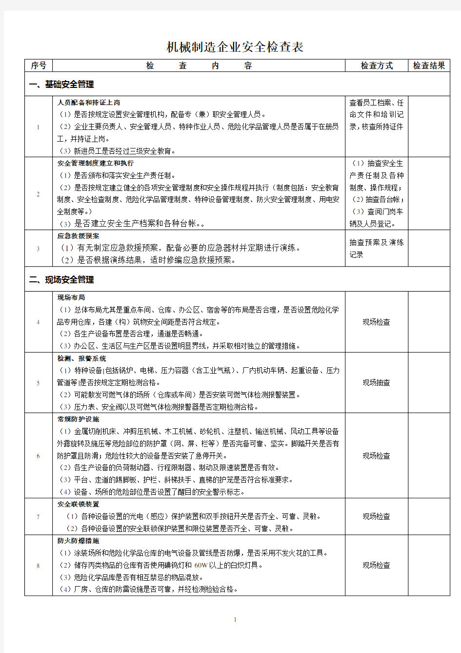 机械制造企业安全检查表