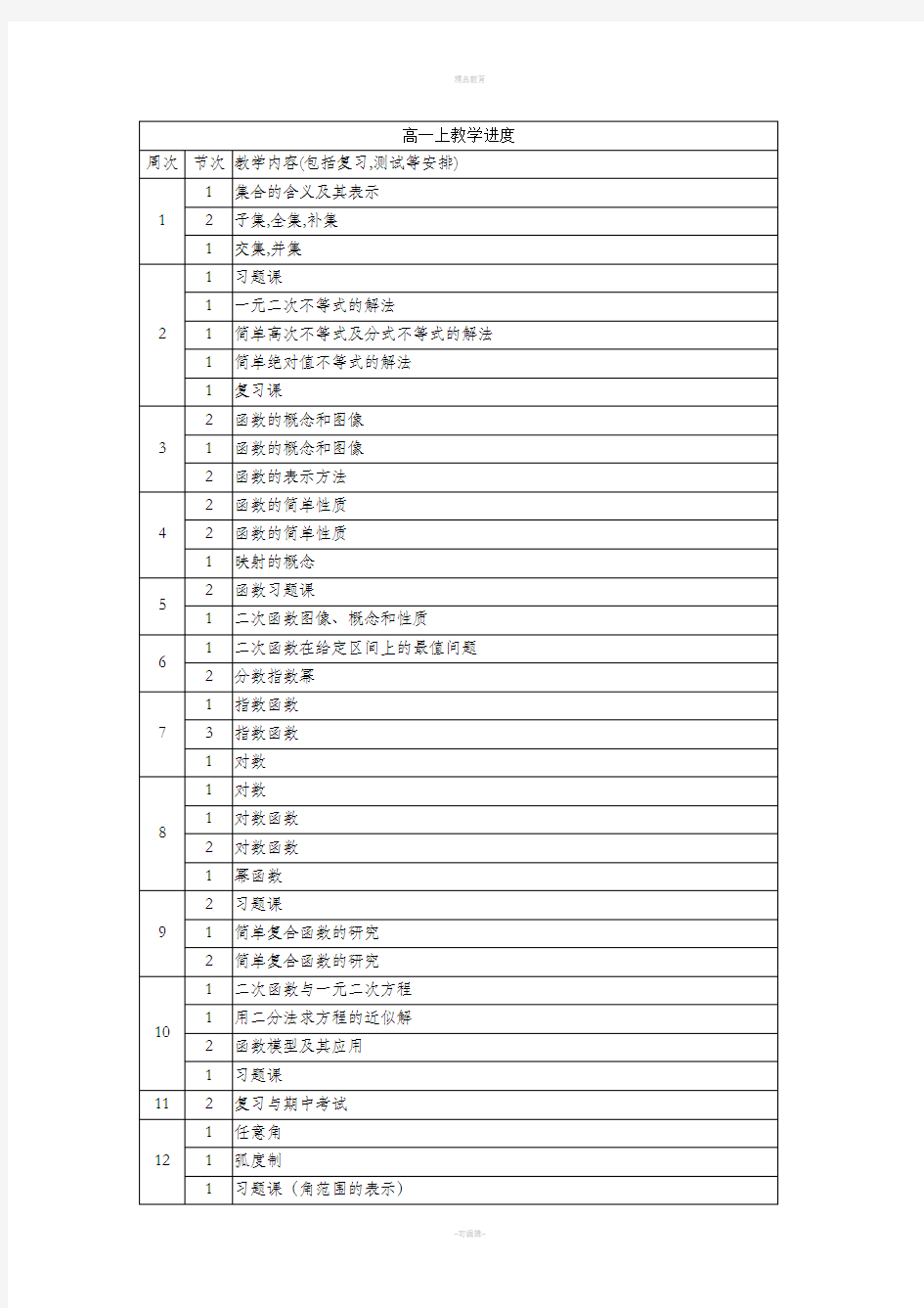 高中数学教学进度表