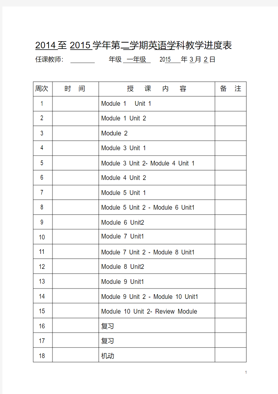 2015年外研版一年级英语下册教案(表格式)M1-M5.(最新精编)