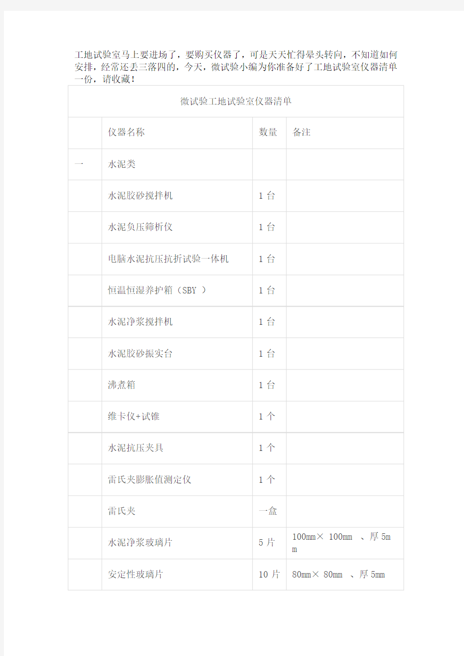 工地试验室仪器清单非常完整