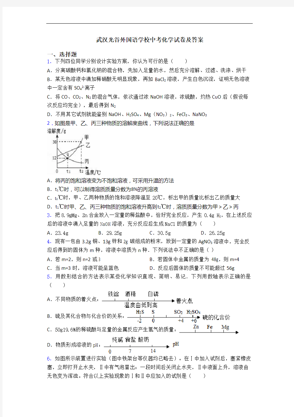 武汉光谷外国语学校中考化学试卷及答案